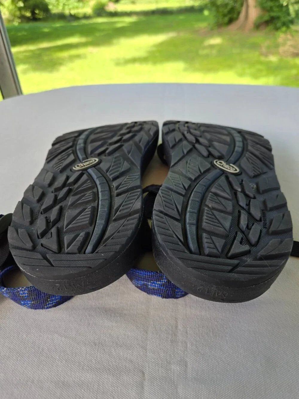 Chaco Men’s Size 12 Sandal Light Blue& Navy Single Strap with Toe Loop